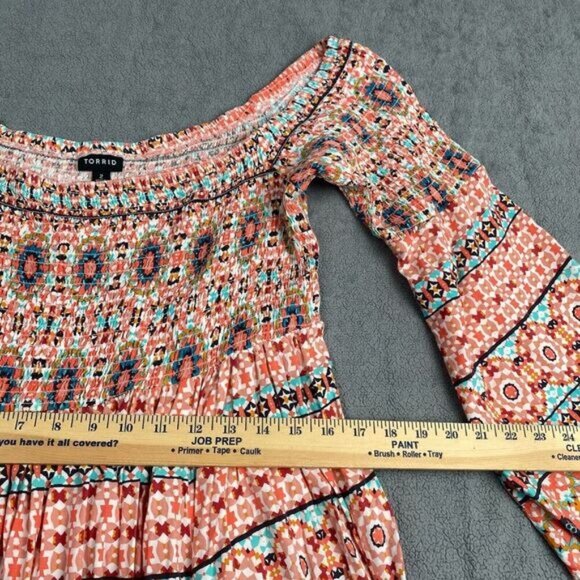 Torrid Size 2 Mini Dress With Smocking Bell Sleeves Tags Geometric,Casual.Beach - Picture 7 of 14